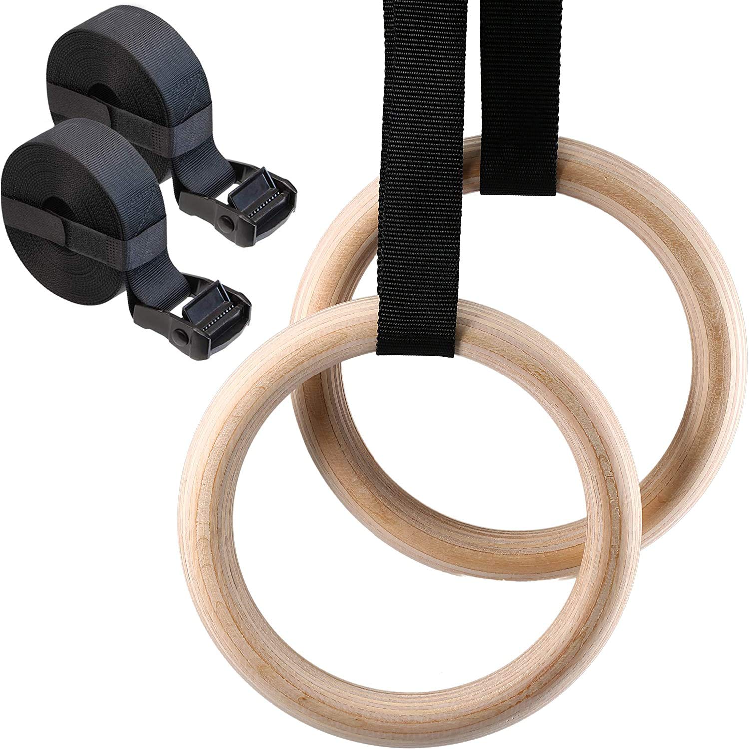 FREEST Gymnastic Rings,Wood/Plastic Olympic Rings with Buckle Straps Gym Fitness Rings,for Adult Strength Training, Crossfit, Pull Ups and Dips (Beige-Wood Fitness Rings)