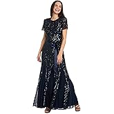 R&M Richards Women's Sequin Embellished Gown W/Panel Godet Skirt, Ribbon Sash & Short Sleeve - Evening, Cocktail Party Dress