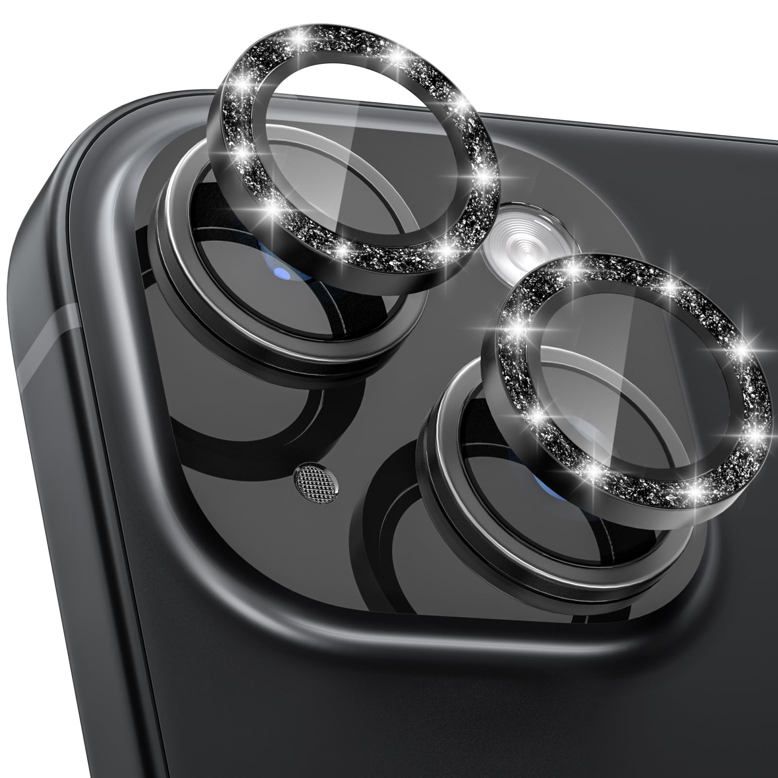CloudValley for iPhone 15 Plus/iPhone 15 Camera Lens Protector, Ultra-HD Tempered Glass Camera Cover [Case-Friendly] Metal Individual Lens Screen Protective Ring, Glitter Black