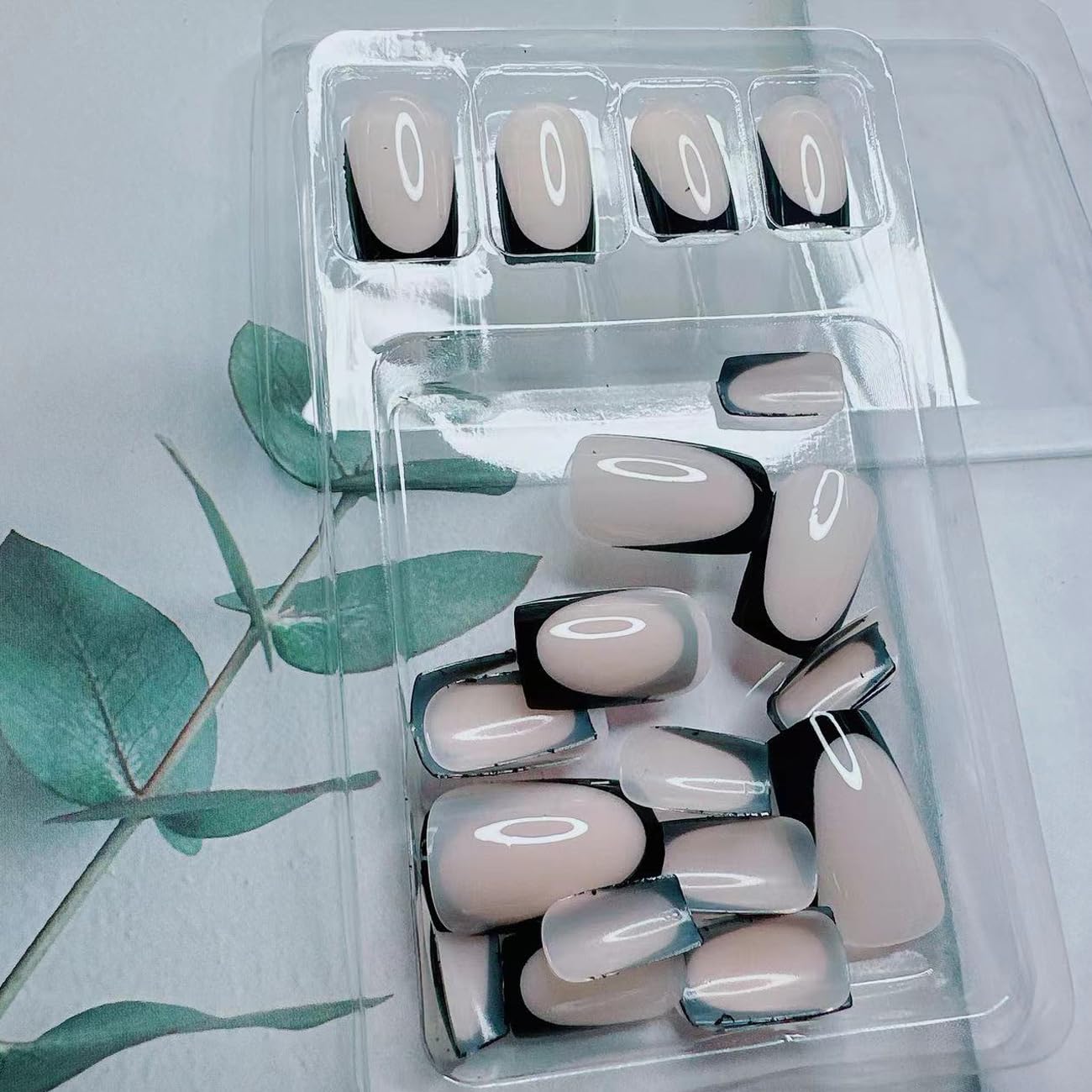 Black French Tip Press on Nails Medium Square, Black Stick on False Nail Tips with Exquisite Design Acrylic Glue on Nails Reusable Artificial Nails for Women DIY Manicure Art Decoration 24Pcs - Image 7