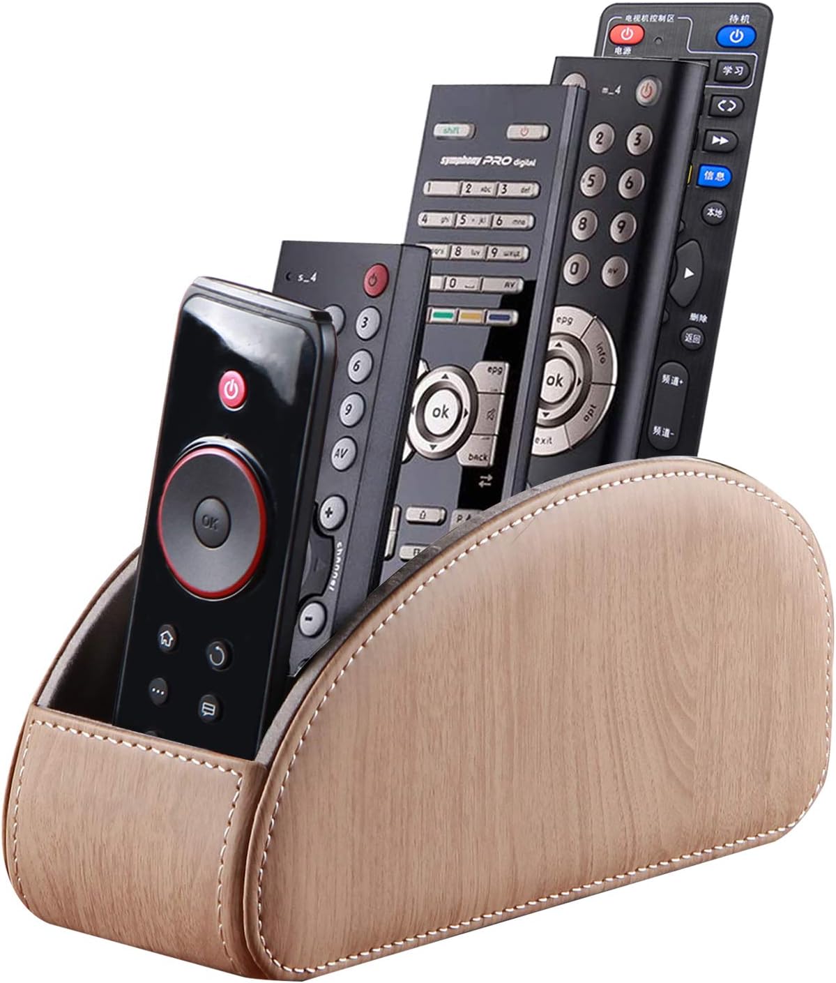 TV Remote Control Holder with 5 Compartments,Pu Leather Remote Caddy/Box/Tray Bedside Table Desk Storage Organizer for DVD, Blu-Ray, Media Player, Heater Controllers and Cosmetics Office Supplies (WOOD): Home Improvement