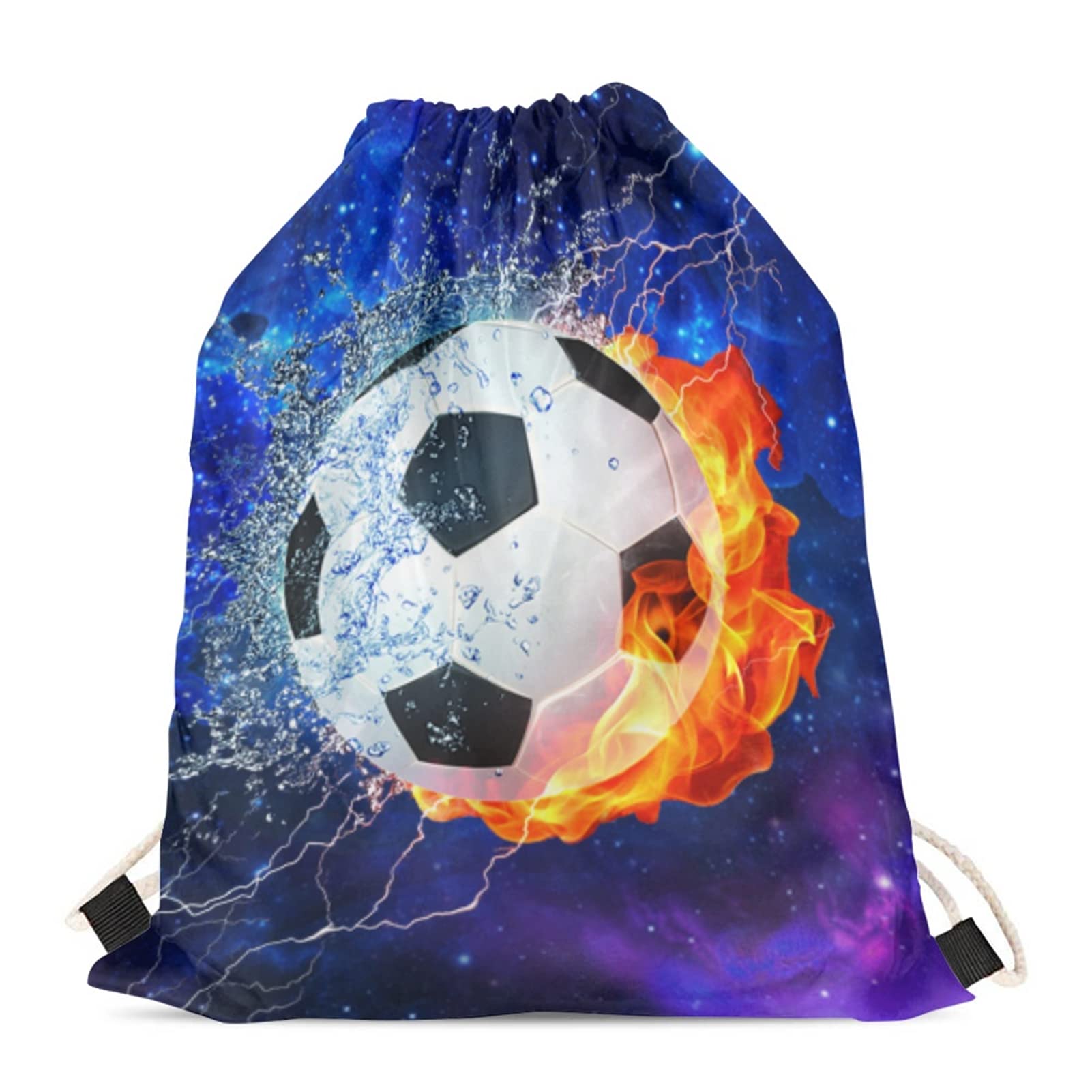 Wanyint Football Soccer Print Drawstring Backpack Cinch Gym Backpack, Fire Water Sport Ball Shoulder Bag for Travel Shopping Hiking Gym