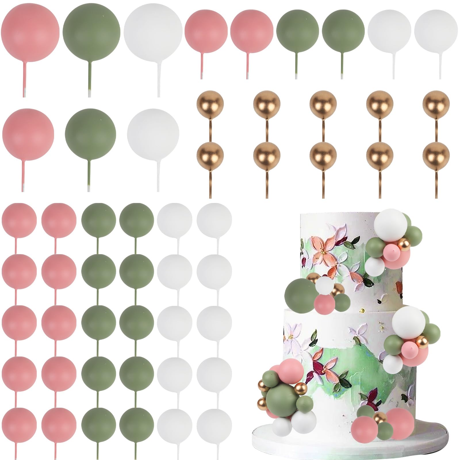 Photo 1 of CORNER LACE 52 Pcs Ball Cake Decorations - Pink Green White Gold Ball Dessert Picks Cake Cupcake Toppers, Birthday Party Baby Shower Gender Reveal Cake Supplies