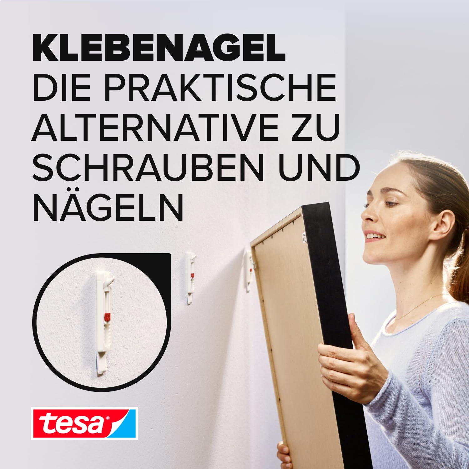 tesa Verstellbarer Klebenagel für Tapeten und Putz - höhenverstellbarer, selbstklebender Wandnagel - bis zu 1 kg Halteleistung pro Nagel - 4 Stück 2
