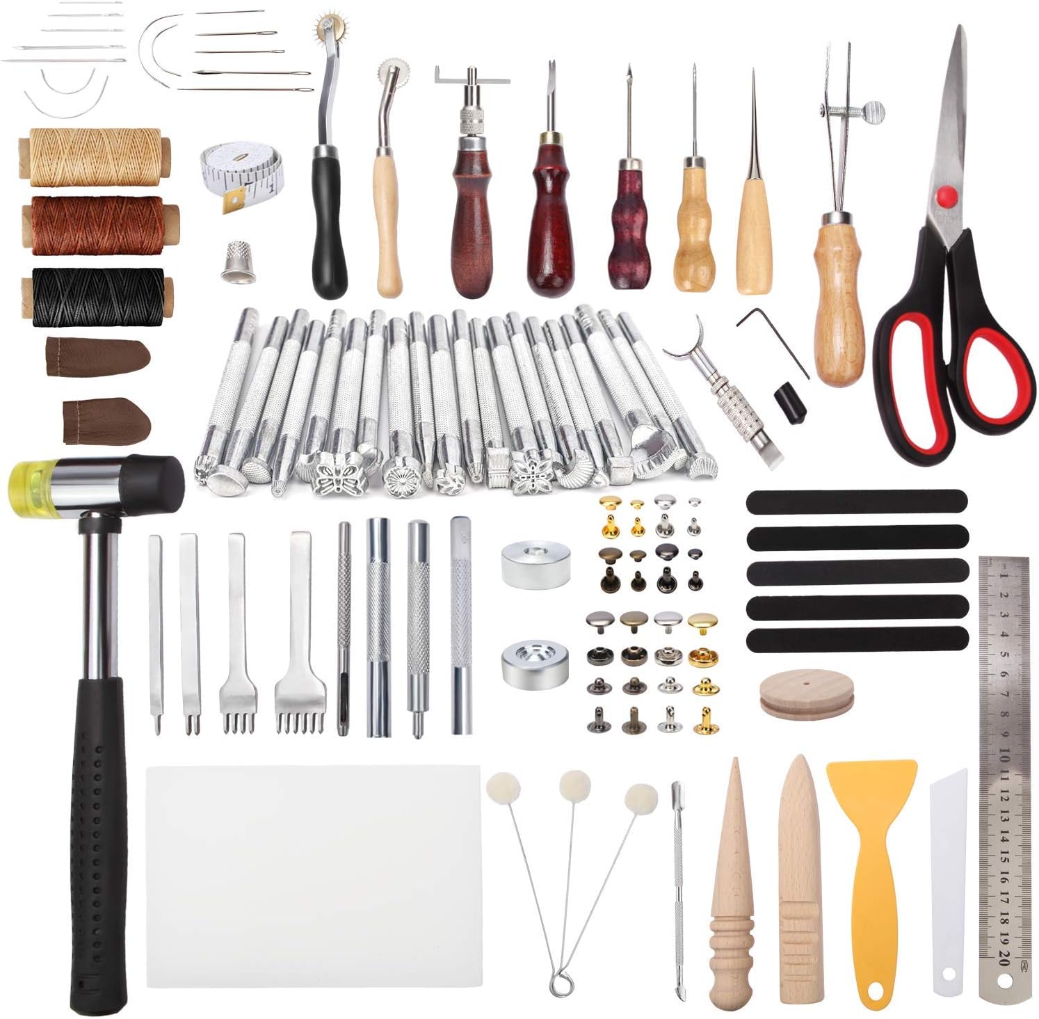 Dorhui 194 Pieces Leather Craft Tools Kit, Stamping with Cutting Mat Snaps and Rivets, Stitching Groover, Prong Punch, Working Saddle Making