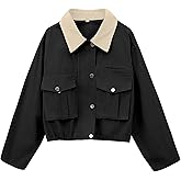 Megfie Womens Cropped Jacket Contrast Collar Utility Coat Cargo Jacket Barn Jacket Outwear with Pockets