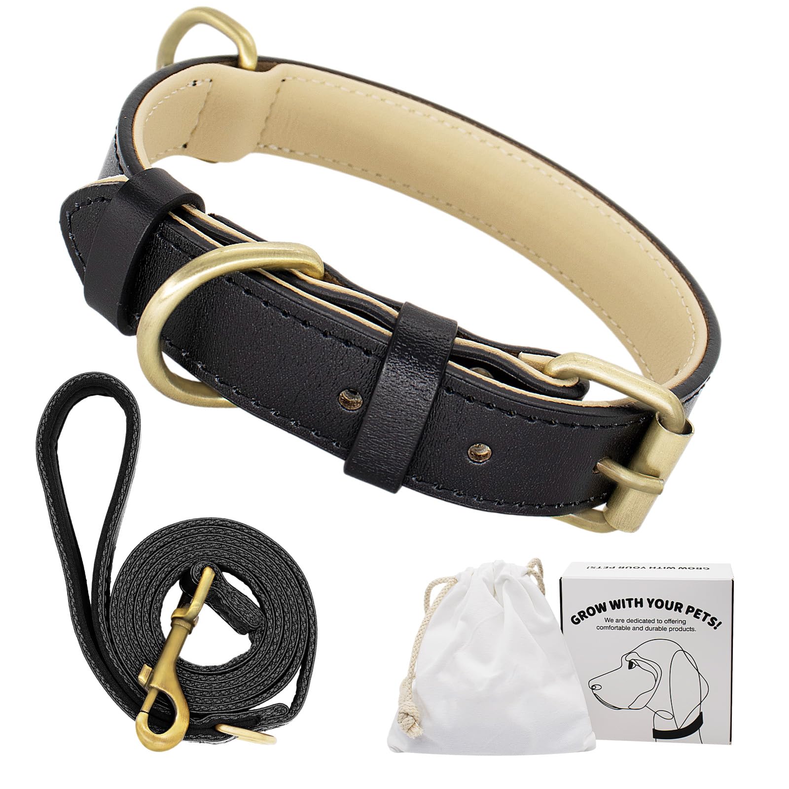 Dote on Leather Dog Collar and Lead Set Adjustable Genuine Soft Leather Dog Collar of Padded for Small Medium Large Dogs(Black, L)