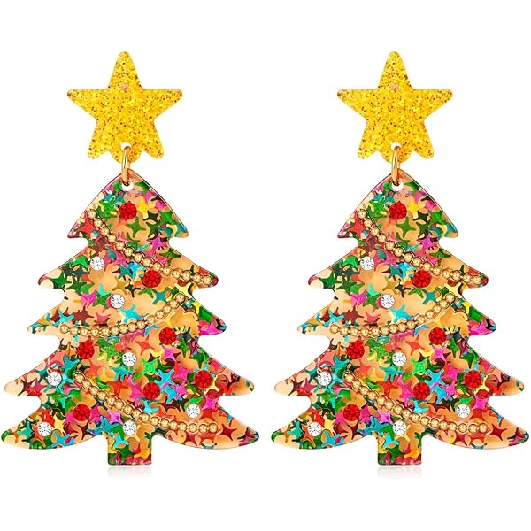 Christmas Tree Earrings For Women - Dangle Star Spiral Festive Earrings, Green & Gold Alloy, Party Jewelry