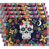 Bemvp 4pc Day of The Dead Skull Placemats Table Decor Mexico Meal Mat Colorful Flowers Dia De Los Muertos Table Mats Fiesta Party Decor