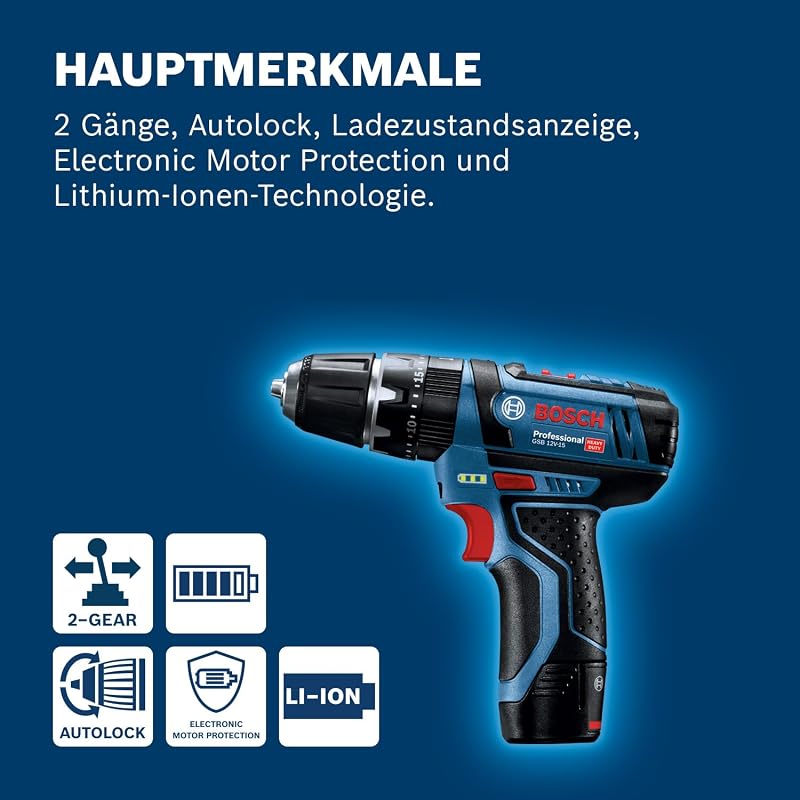 12V System Akku Schlagbohrschrauber GSB 12V-15 (Bohr-Ø Holz max: 19 mm, inkl. 2x 2.0Ah Akku + Ladegerät, 2x Bohrer-Set, 1x Bit-Set, Werkzeugtasche) - Amazon Exclusive