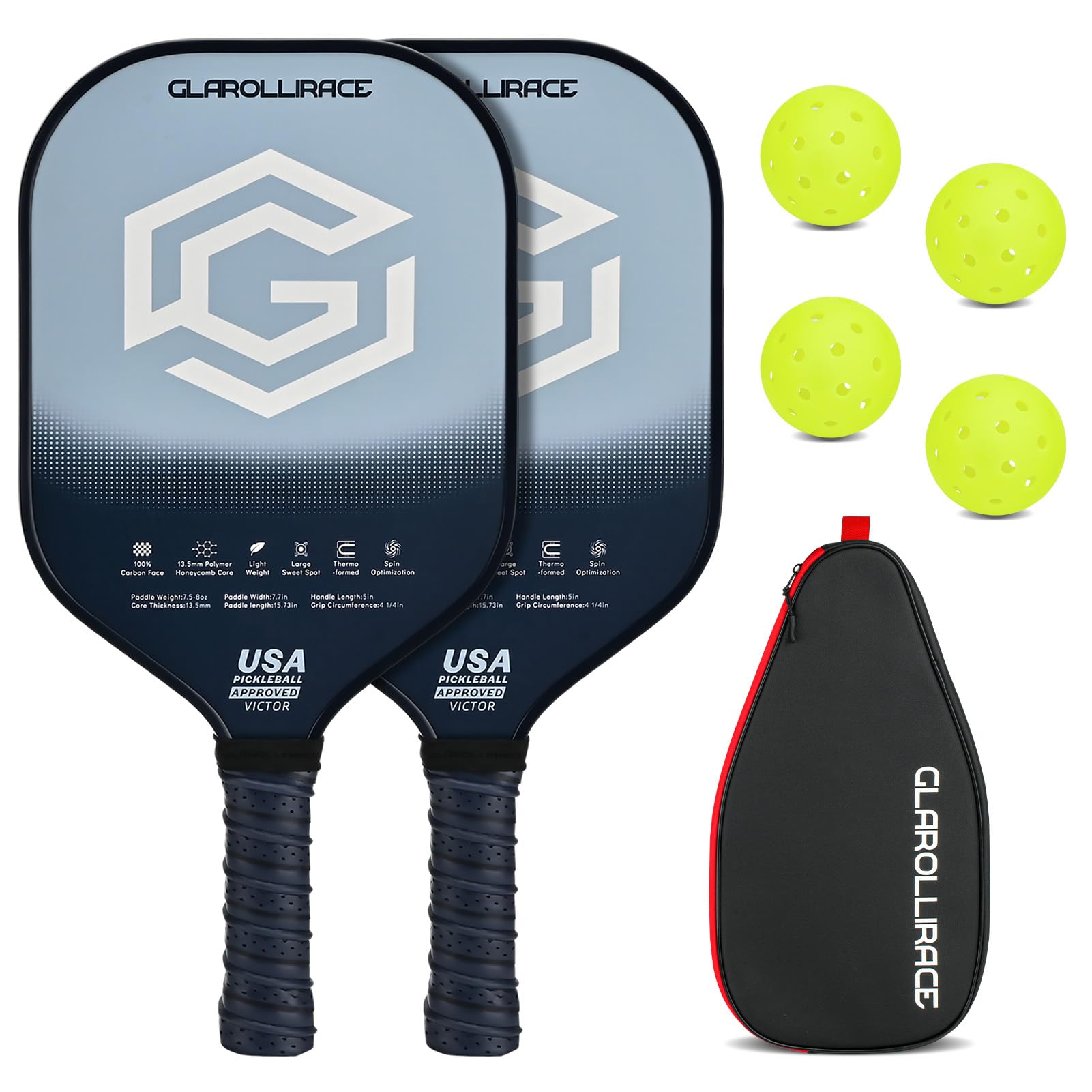 Glarollirace Power Pickleball Paddles, T700 Textured Carbon Fiber Pickleball Paddle Set, USAPA Approved Pickleball Racket with Larger Sweet Spot, Spin Surface, Pro Power & Control for Intermediate Image