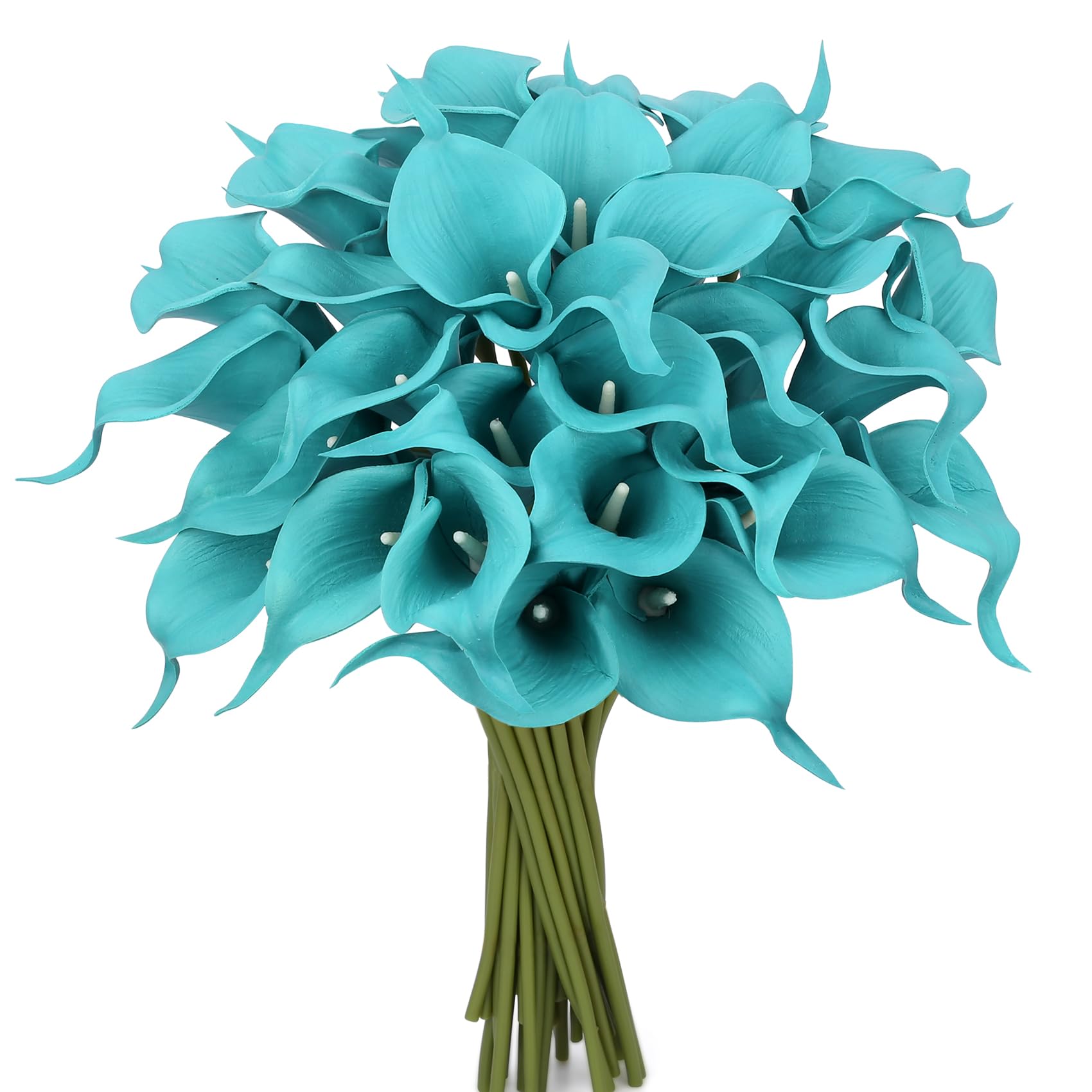 Sahoottie 24 Pcs Teal Flowers Artificial Calla Lily Flower Fake Teal Silk Flowers Real Touch for Wedding Bouquet Home Kitchen Decor
