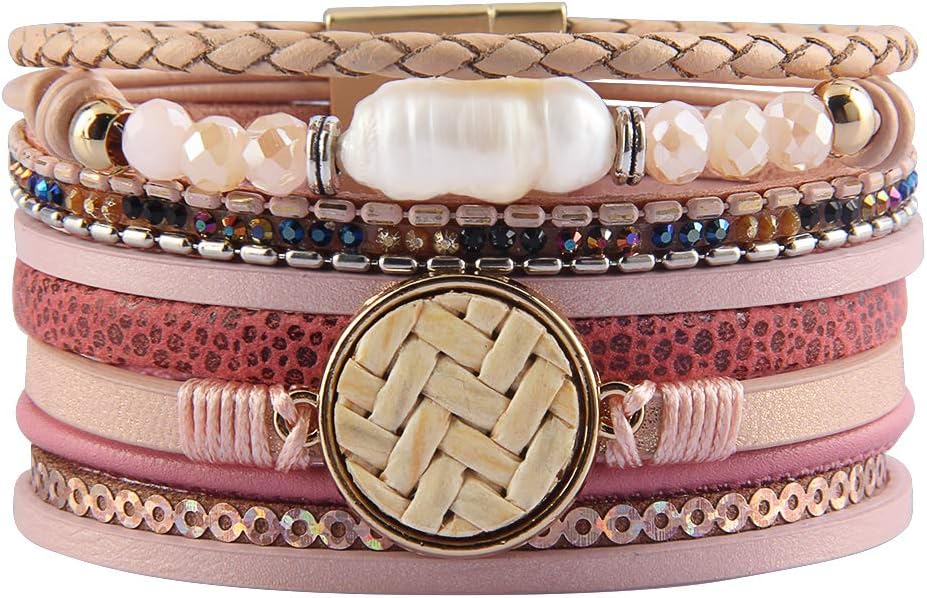 Baroque Pearl Leather Wrap Around Bracelet Multi Strand Boho Bracelets Magnetic Cuff Bracelets Bohemian Jewelry for Women, Daughter, Sister