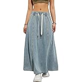 yoeasy Women's Drawstring Elastic High Waist Denim Skirt Casual Flowy Swing A-Line Long Maxi Flare Denim Skirt
