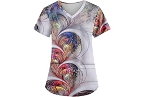 DPKLAD Work Wear Scrub Tops for Women Animal Print Summer Working Uniform T-Shirt Fashion Short Sleeve V-Neck Pockets Blouse