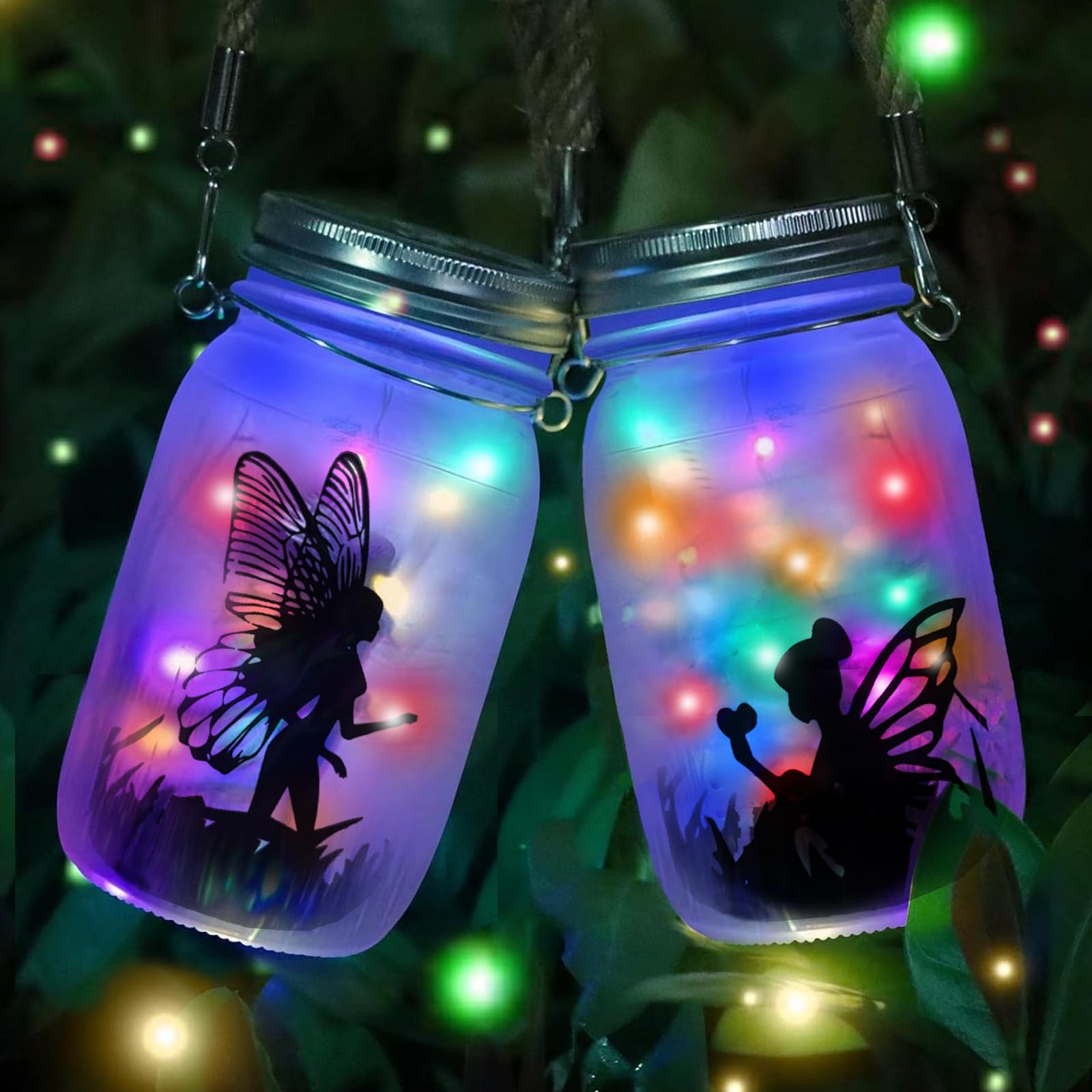 Ecoastal Solar Garden Lights Outdoor,2 Pack Multicolor Fairy String Light Ornaments,Waterproof IP65 LED Glass Jar Hanging Lantern,Decoration Accessories for Garden,Yard,Patio,Lawn,Festivals,Tabletop