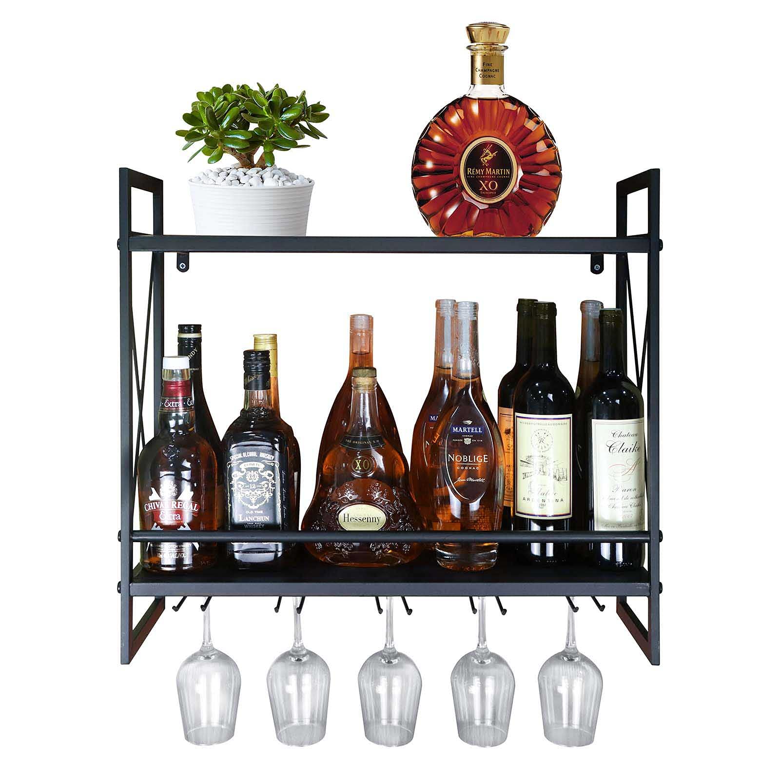 Industrial Wine Rack Wall Mounted, 61.5cm Metal Multipurpose Shelf Hanging Glass Holder, 2 Tier Wall Mount Bottle Holder Glass Rack (Black)