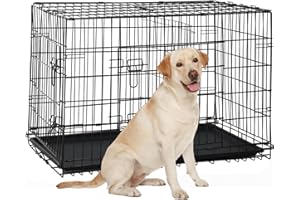 BIQWBIC 36 Inch Large Dog Crate, Heavy Duty Dog Crates for Large Dogs, Metal Wire Folding Dog Cage with Removable Trays, Locks, Double-Door, Divider Panel, Handle, Puppy Crate Pet Crate (36 in, Black)