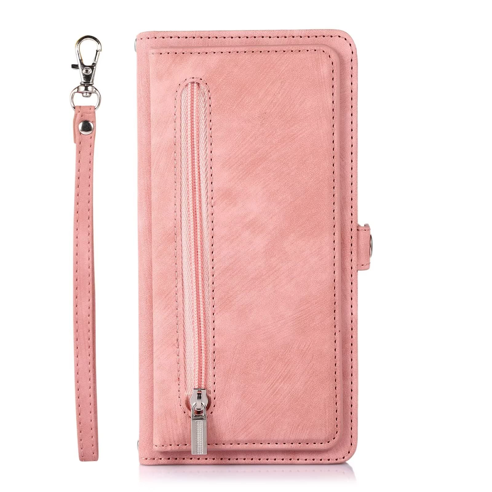ESONG Case for OPPO RENO 8 5G,Premium Leather Flip Zipper Wallet Cover with[9 Card Slots][Magnetic Closure][Wrist Strap][Kickstand]Full Body Protection Crossbody Phone Case,pink