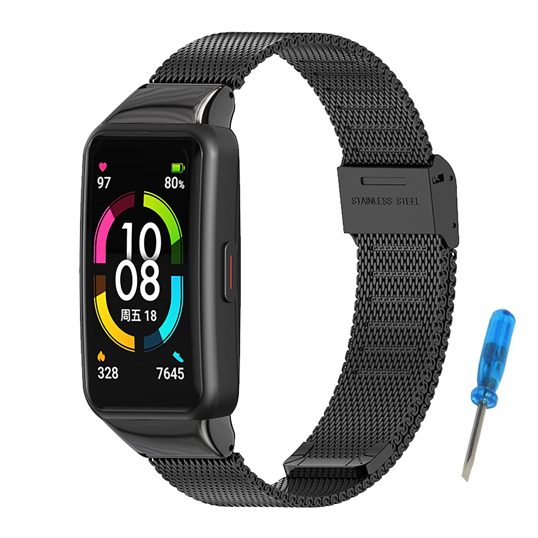 SenMore Stainless Steel Strap for Huawei Band 6 & Honor Band 6 Fashion Fitness Watch Accessories (Black, 16mm)