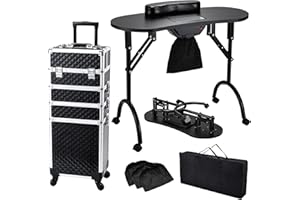 Faquenc Foldable Nail Table Manicure Desk with Dust Collector + 4 in 1 Rolling Makeup Train Case for Mobile Stylist Artists Nail Salon Cart Trunk Black