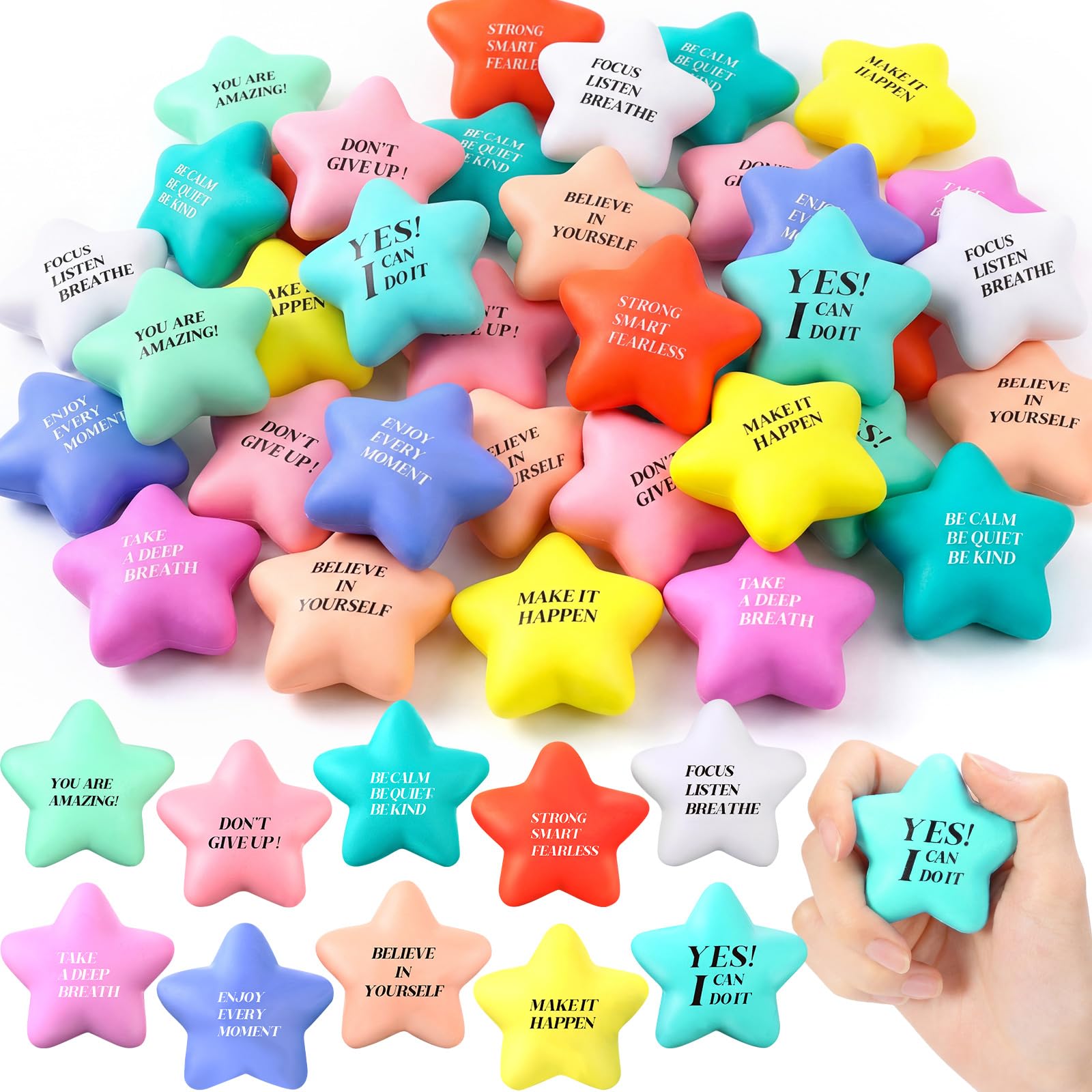 Sotiff 100 Pack Star Stress Balls Bulk for Adults Kids Stress Relief Balls with Motivational Quotes Mini Inspirational Foam Squeeze Gifts Party Favors Toys for Anger Fidget Relief(Cute Colors)