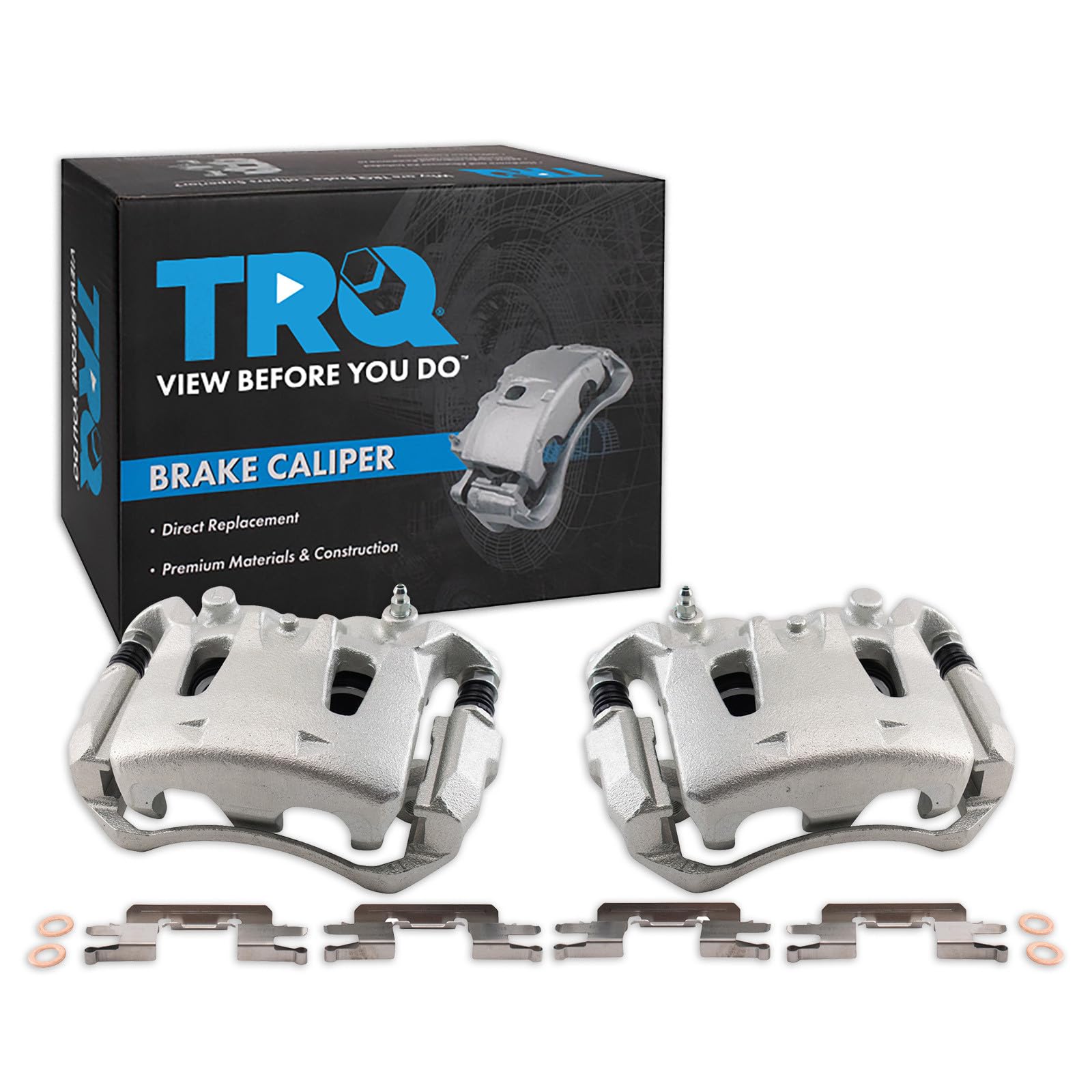 TRQ Front Driver and Passenger Side Brake Caliper Set Caliper Brackets Hardware Compatible with 15-18 Chevrolet City Express 13 Nissan LEAF with Dual Piston Front Calipers 13-19 Nissan NV200 Image
