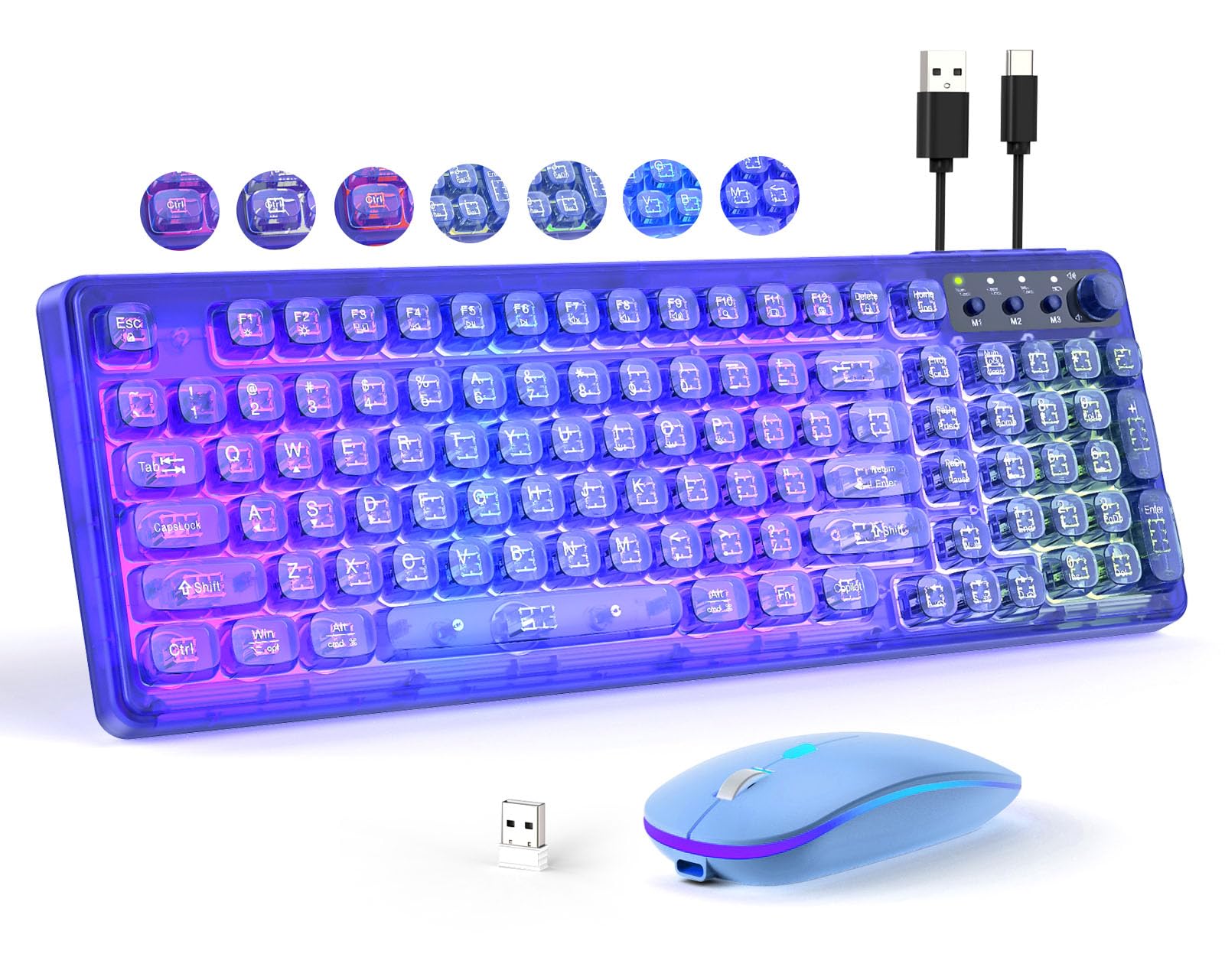 Blue Light Up Keyboard and Mouse Wireless,Cute 2.4Ghz Cordless Rechargeable Transparent Backlit Keyboard,15 Backlight Effects,Volume Knob,RGB Mouse with 3 DPI for Mac Computer PC Laptop Desktop iPad