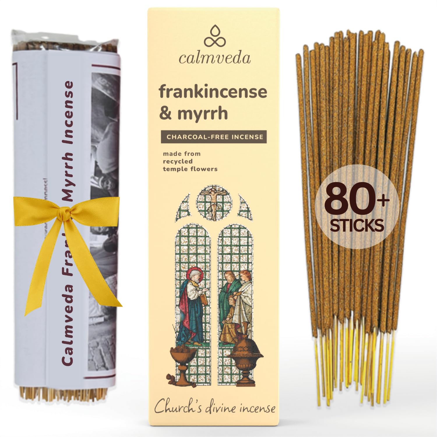 Calmveda Church Frankincense and Myrrh Incense - 80 Sticks, Charcoal Free, Made from Upcycled Flowers | Spiritual Healing Sticks