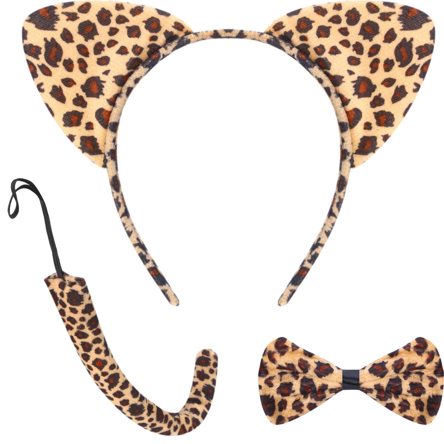 3 Pcs Ears Headband Set for Kids Ears Tail Bow Tie Animal Dress Set Carnival Party Decoration Costume Accessory (Leopard)