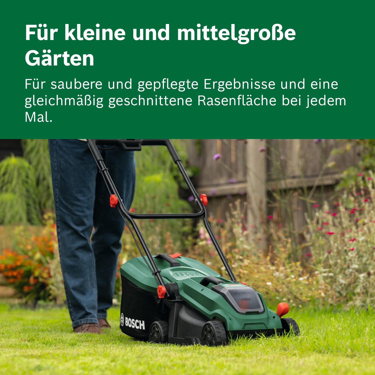 Bosch Akku-Rasenmäher ROTAK18V-32 (Schnittbreite: 32 cm, Schnitthöhe: 25-65 mm, 35 l Stoff-Grasfangkorb, Mulchstopfen, inkl. Akku und Ladegerät) 4