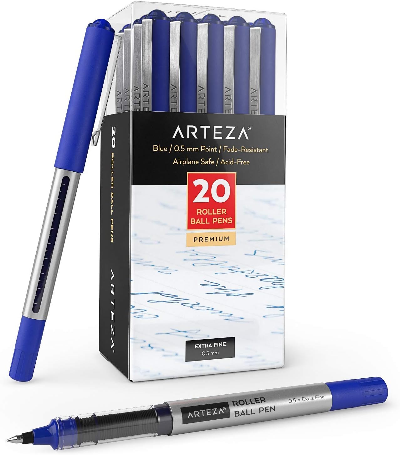 Arteza Rollerball Pens, Pack of 20, 0.5mm Blue Liquid Ink Pens for Bullet Journaling, Fine Point Rollerball, Office Supplies for Writing, Taking Notes & Sketching: Office Products