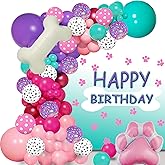 Dog Balloons Garland Arch Kit with Dog Bone Print Foil Balloons Pink Purple Turquoise Confetti Balloons for Girls Puppy Themed Birthday Baby Shower Party Decorations