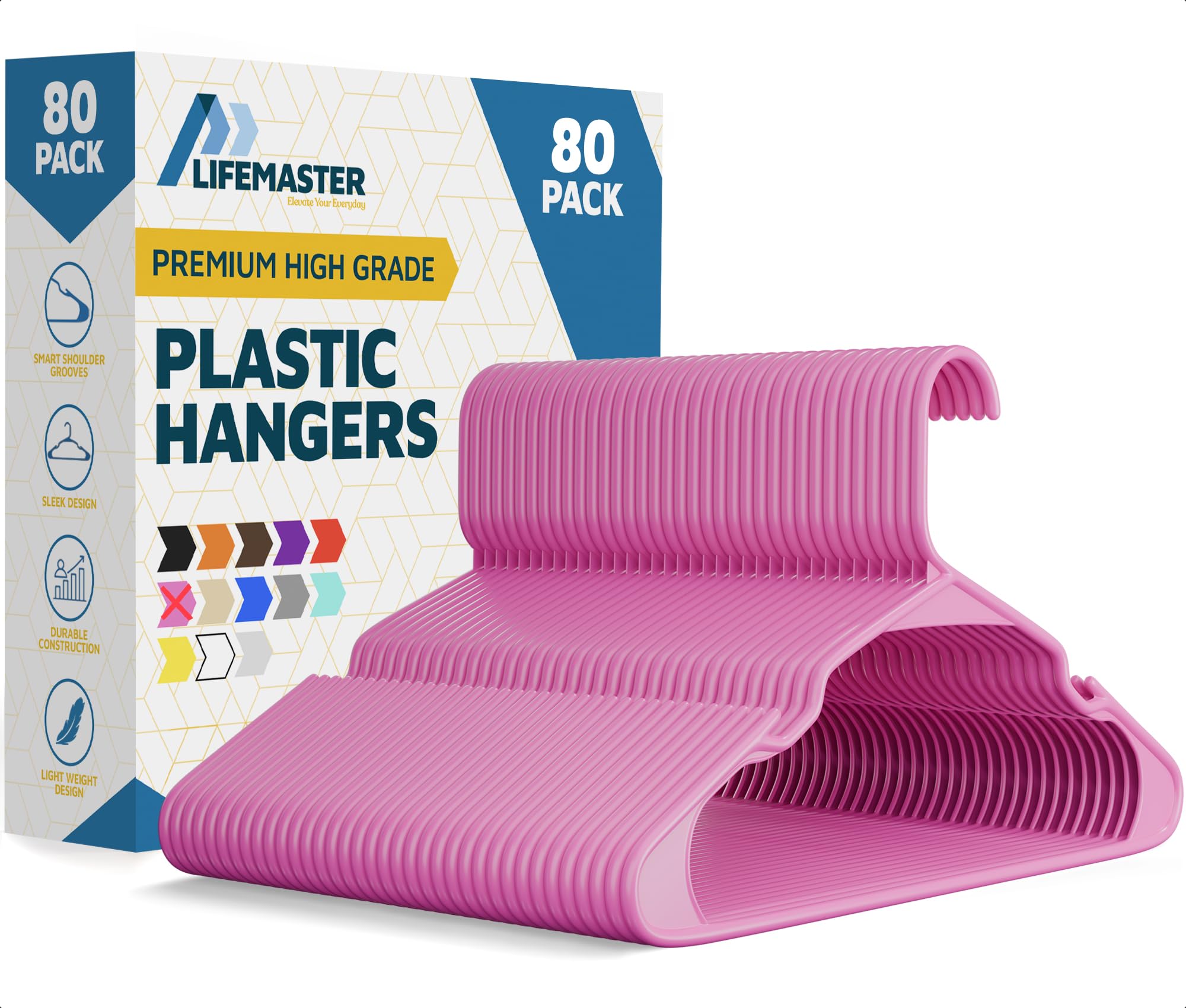 Lifemaster Plastic Clothes Hangers – Heavy Duty Hanger Set, for Organizing Clothes, Dresses, and Coat, Holds Up to 5 lbs, Space-Saving Hangers with Non-Slip Shoulder Grooves, Pack of 80, Pink Image