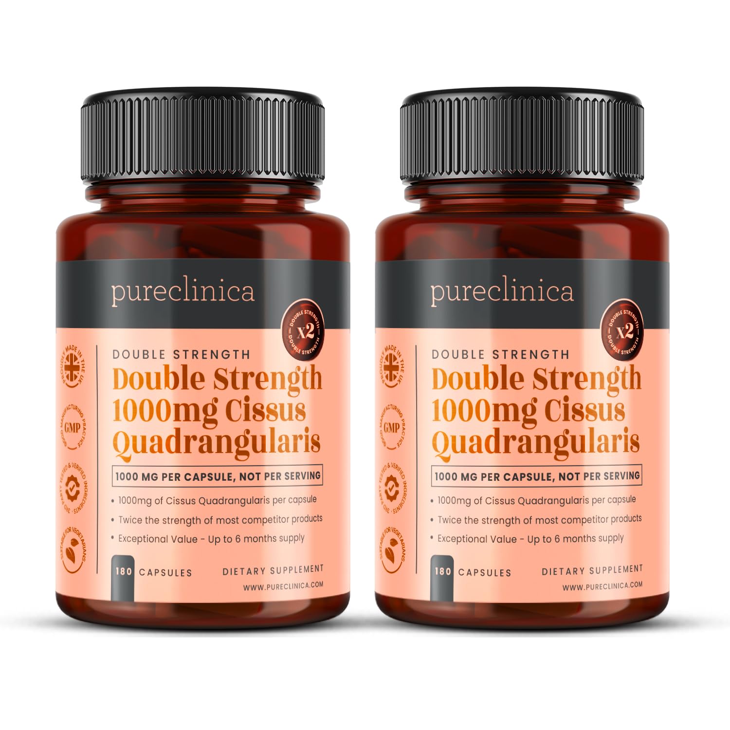 Double Strength Cissus Quadrangularis 1000mg x 360 Veggie Capsules (2 Bottles of 180 Caps) - 1 Years Supply!