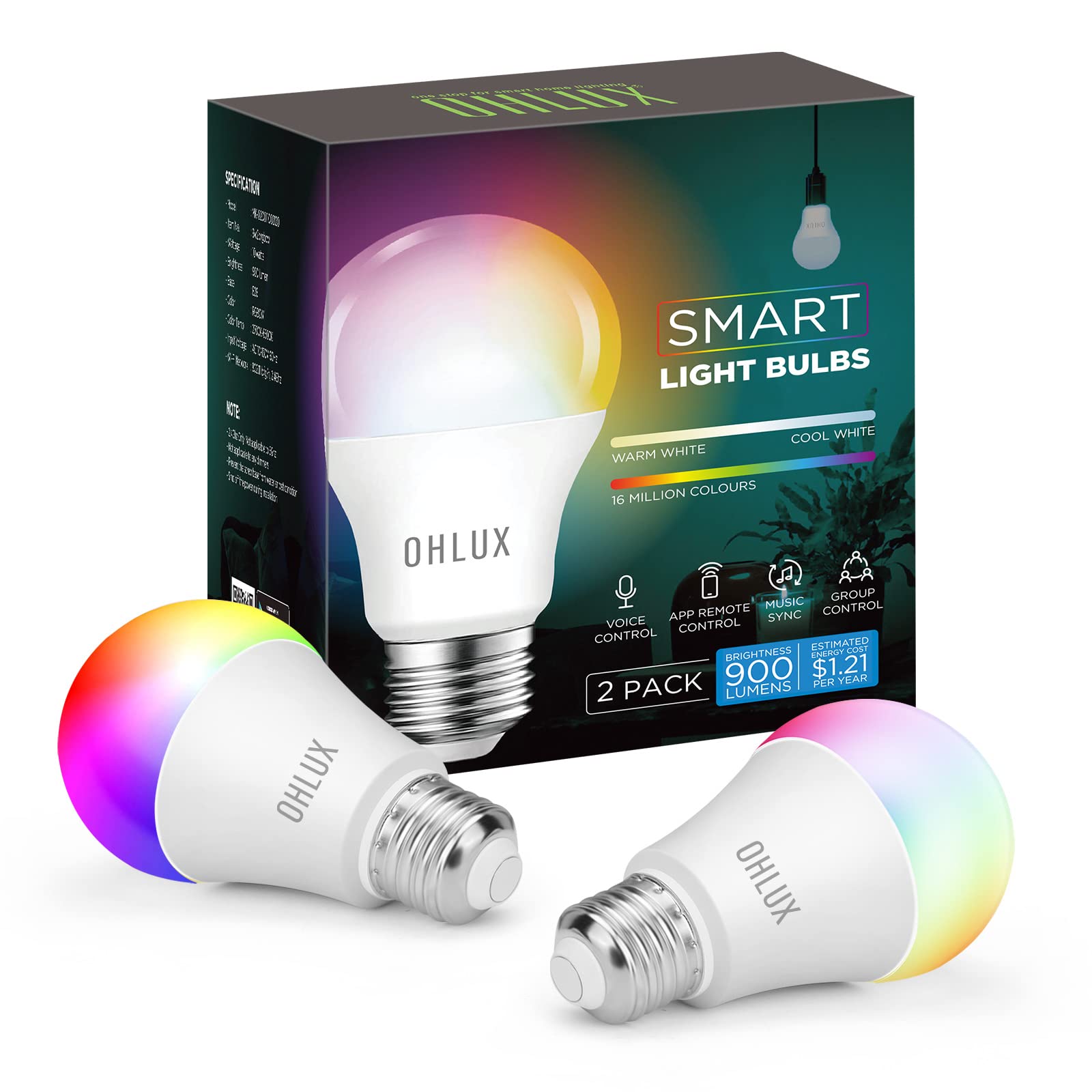 OHLUX Smart WiFi Alexa LED Light Bulbs, Compatible with Alexa, Google, Siri (No Hub Required) RGBCW Color Changing Light Bulbs, 7W 600Lm E27 Base