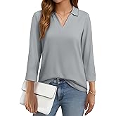 YUCOLEN 3/4 Sleeve Tunic Tops for Women V Neck Collared Shirts Chiffon Work Blouses Dressy Casual S-XXL