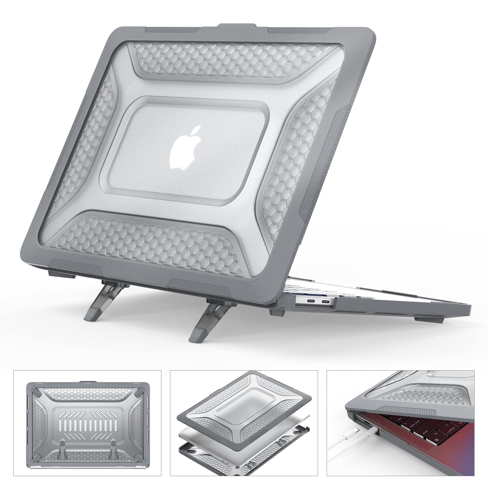 SEYMCY Cover Compatible with MacBook Pro 13 inch Case 2022 2020 2018, Anti-Scratching Hard Shell Protective with Foldable Stand A2338 A2289 A2251 A2159 A1989 - Grey