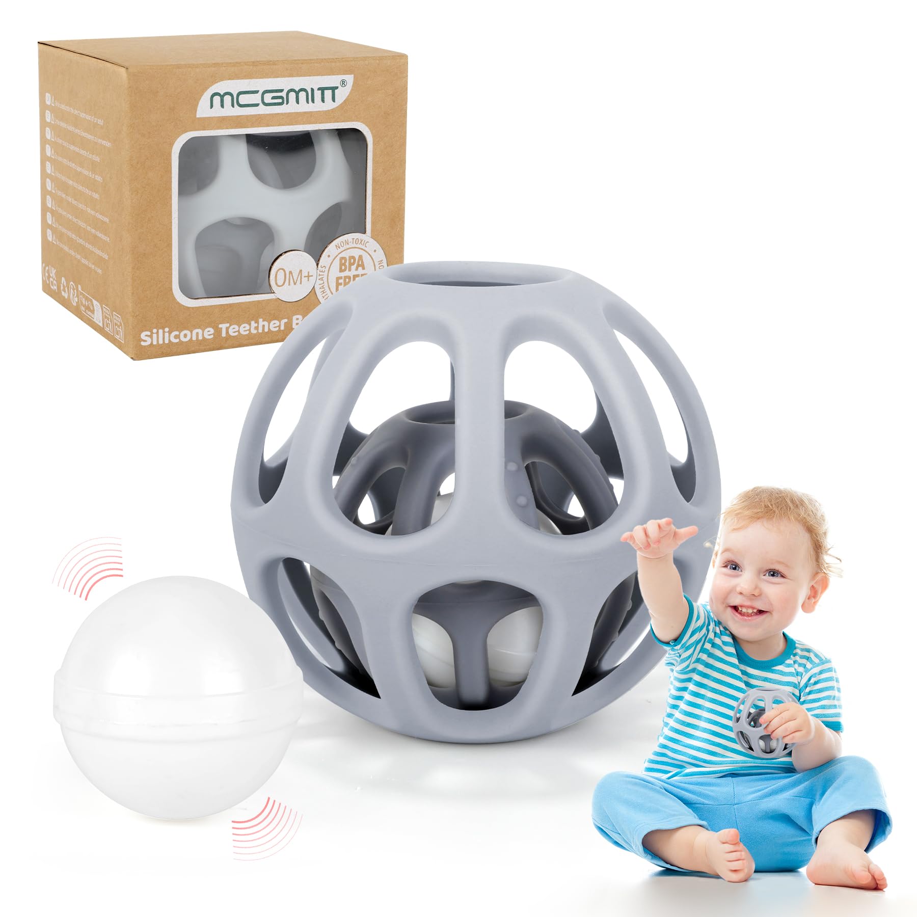 MCGMITT Grabbing Ball Baby Toy, Rattle for New Infant Silicone Teether Sensory Toy 100% Food Grade Silicone with Built-in Rattle Teethers for Babies - Montessori Toys Gift for Boys & Girls - Grey — image 1
