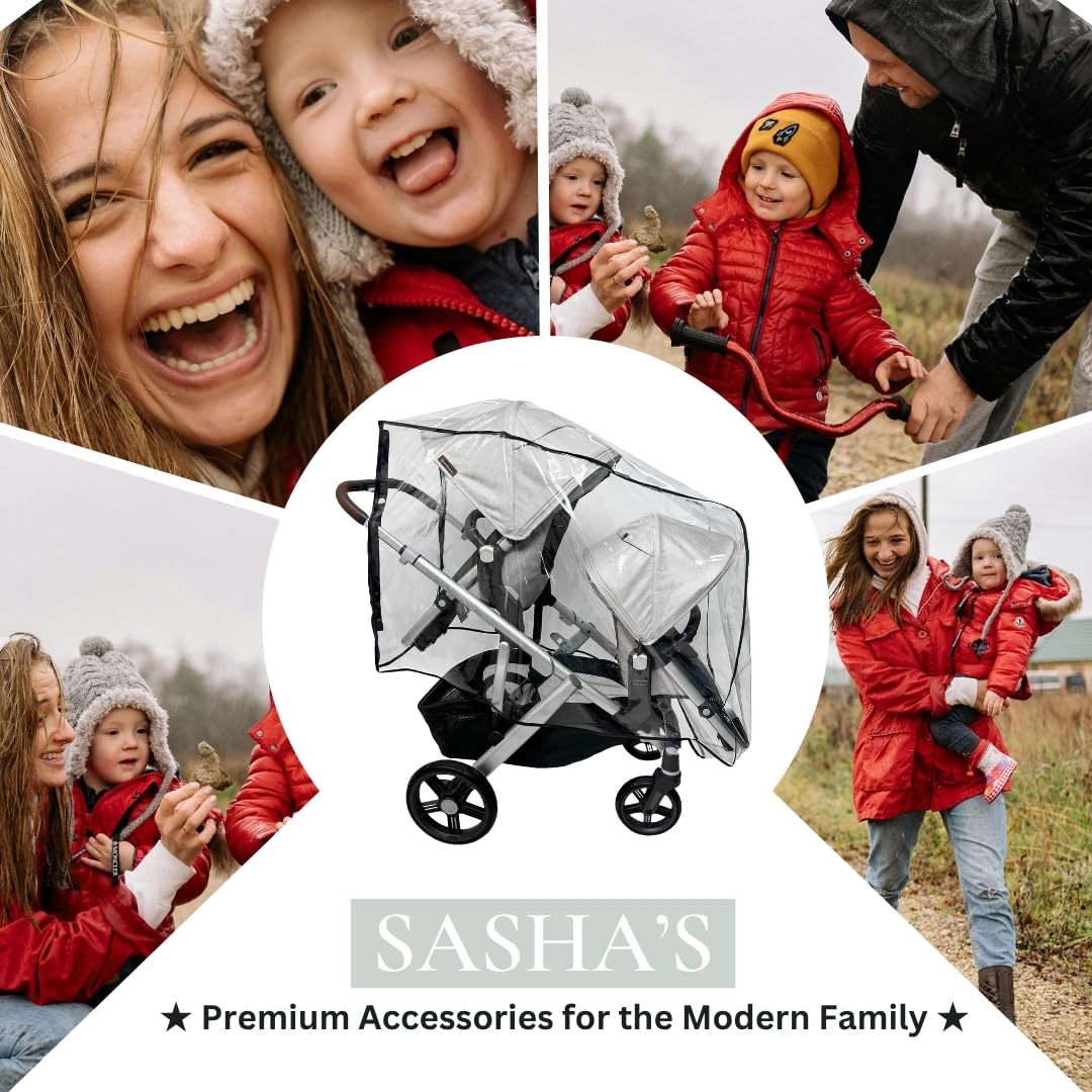SASHA'S Double Rain and Wind Cover Made for UPPAbaby Vista V2/V3 Double Stroller System w/RumbleSeat - Clear, Ventilation Holes, Maximum Coverage, Made in USA (Stroller not Included)