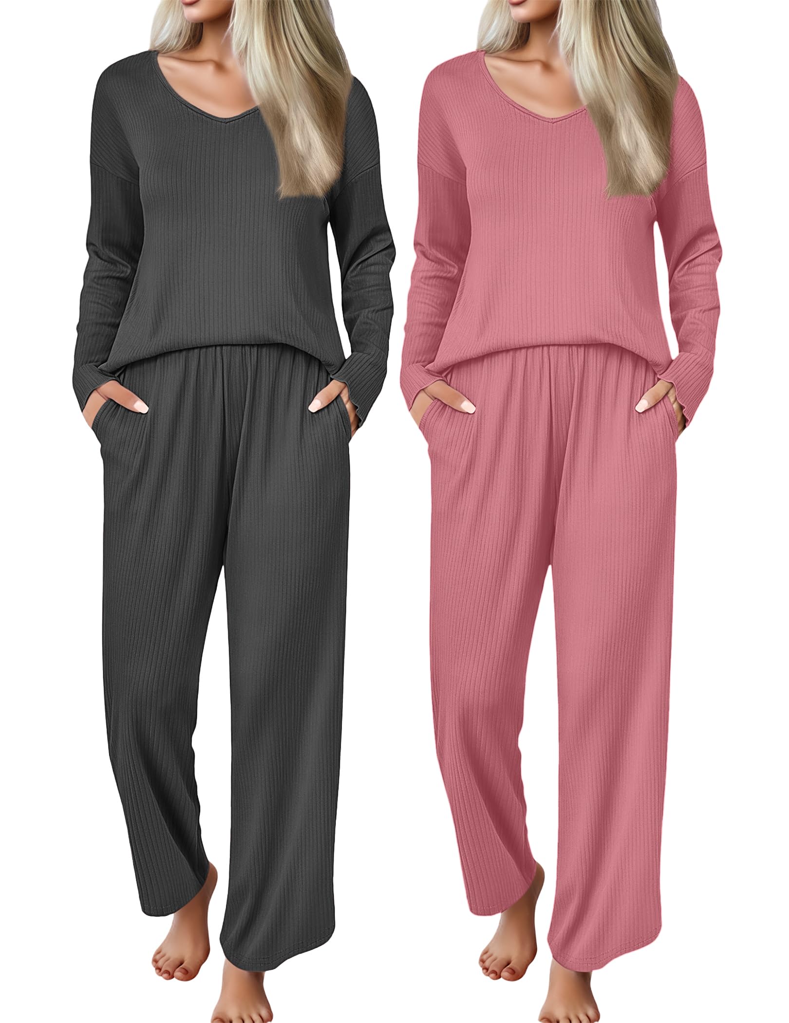 Photo 1 of Ekouaer 2 Pack Womens Ribbed Knit Pajama Sets V Neck Soft Lounge Sets Long Sleeve PJs Loose Matching Outfits Set Purple Red and Dark Gray M