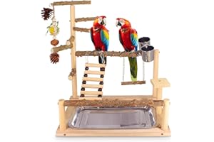 AUTOKCAN Bird Playground Natural Parrot Toys Perch Stand Cockatiel Swing with Chew Toys Parrot Platform with Feeder Cups Parakeet Playground Bird Cage Play Stand for Conure Parakeet Cockatiel
