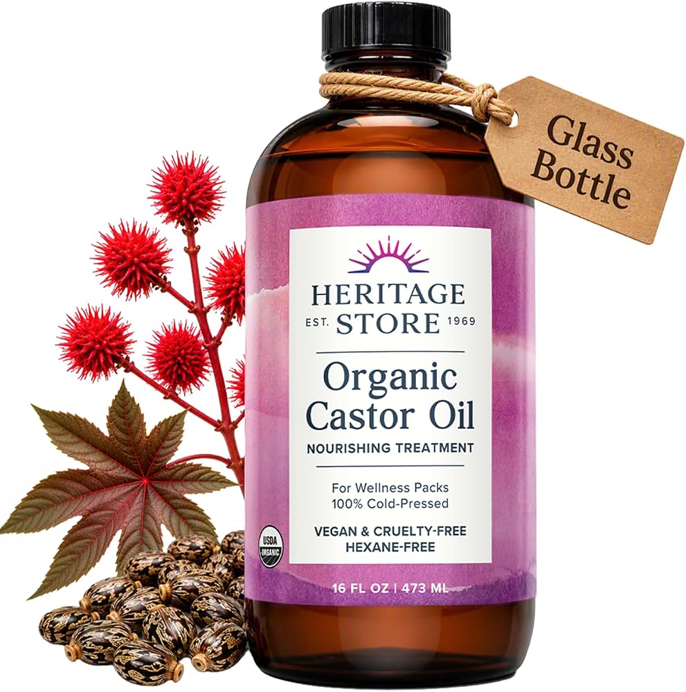 HERITAGE STORE Organic Castor Oil, Cold Pressed Hexane Free, 16 fl oz | Nourishing Treatment for Hair & Skin Care, Eyebrows &