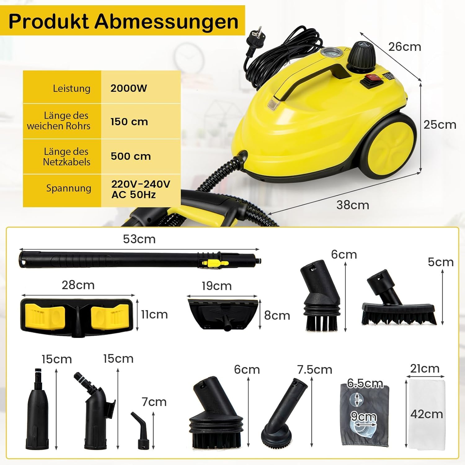 RELAX4LIFE Dampfreiniger 2000W, Dampfdruck: 5 bar, Tank: 1,8 L, Temperatur bis zu 160℃, Aufheizzeit: 8 min., Flächenleistung: 108 m², Steam Cleaner inkl. 13 Zubehör für Boden, Teppich, Fenster (Gelb) 4