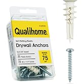 Qualihome Drywall Anchors with Screws &ndash; Self-Drilling Drywall Anchors, Anti-Spin Grip, No Pre-Drill Wall Anchor Kit, Strong &amp; Reliable Hold, 25 Pack (50 Pieces)