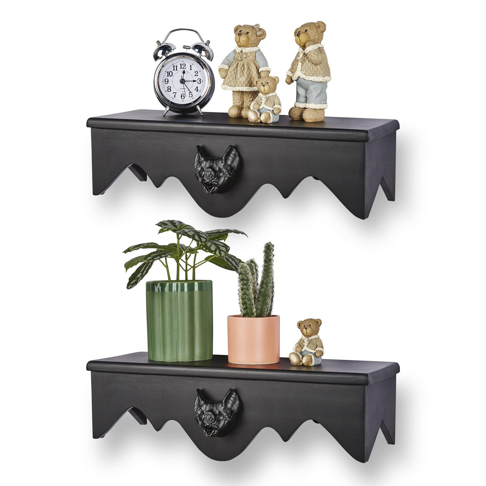 Photo 1 of **MISSING BAT FACE**
Gothvanity Gothic Bat Floating Shelves 2 Pack - Black Spooky Dark Aesthetic Wall Mounted Storage, Wooden Home Decor for Bedroom Kitchen Bathroom Office