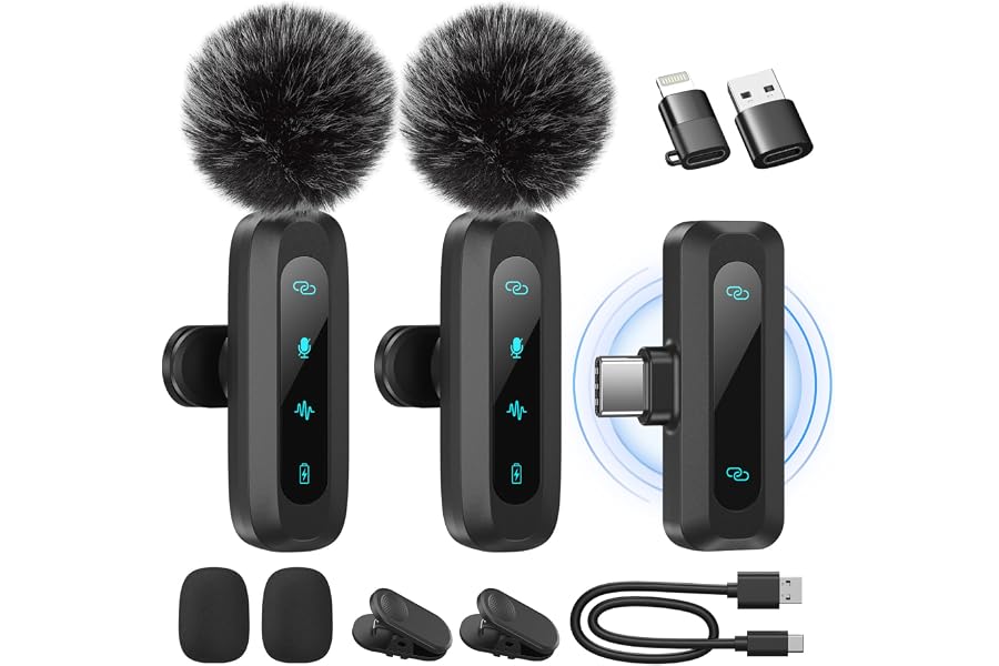 Wireless Lavalier Microphone for iPhone, iPad, Android Phone，2-Pack Mini Microphone with Noise Reduction, Auto Pairing and Mu