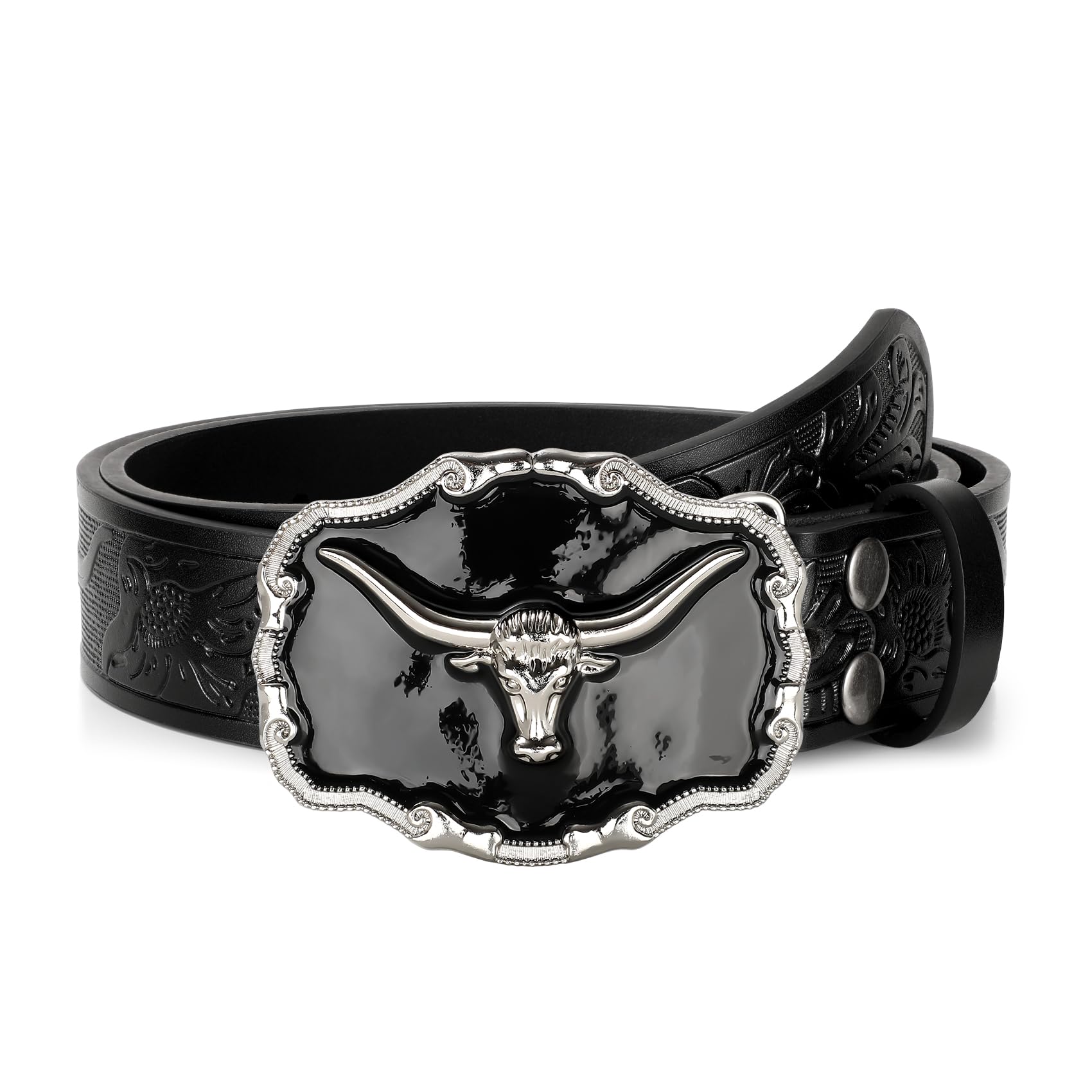 Photo 1 of UpFind Western Leather Belts for Men Black Cowboy Longhorn Buckle Belt for Jeans Vintage Floral Embossed Country Belt