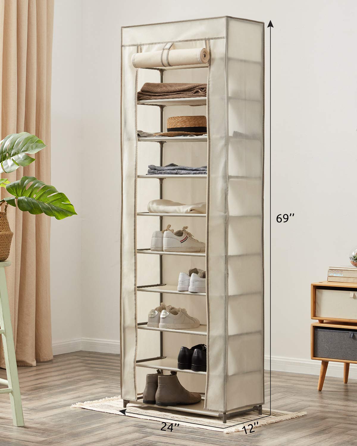 shoe organizer cabinet on Youdenova Shoe Rack With Dustproof Non Wonven Fabric Shoe Storage Organizer Cabinet Tower Beige Free Standing Shoe Racks Home Kitchen