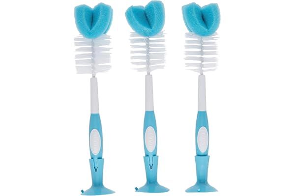 Dr. Brown’s Reusable Sponge Baby Bottle Cleaning Brush Set with Suction Cup Stand, Scrubber and Nipple Cleaner, Blue 3-Pack